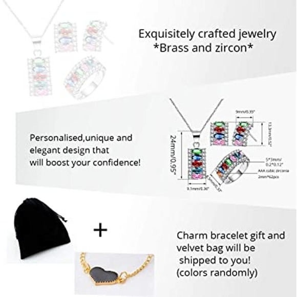 Rainbow Gems Platinum Plated Necklace Earring Ring Rhinestone Bracelet Ring Set - Picture 5 of 8